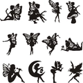Lot de 12 silhouettes de fées noires avec ailes de papillon et décors floraux - Elfe A
