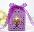 Detailed laser-cut purple hollow gift box with a floral cross pattern and satin ribbon bow - Dark Purple