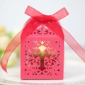Close-up of laser-cut pink wedding favor box with cross pattern and chiffon ribbon - Pearlescent Red