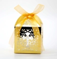 Elegant gold hollow laser cut wedding candy gift box with a sheer ribbon bow decoration - Reflective Gold