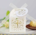 Hollow laser-cut white wedding candy box with cross pattern and thank you tag - Ivory