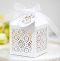 Elegant laser-cut white wedding favor box with a delicate thank you tag and ribbon - White (With Tag)