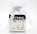 Detail of silver hollow rose wedding candy box with light blue ribbon and bow - Reflective Silver