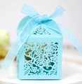 Light blue hollow laser-cut wedding favor box with rose patterns and matching ribbon - Tiffany Blue