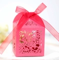 Detail of pink laser-cut flower pattern gift box with sheer organza ribbon bow - Pearlescent Red