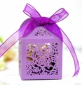Elegant purple laser-cut wedding favor box with rose patterns and ribbon tie - Dark Purple