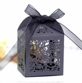 Detailed laser-cut rose patterns on elegant black wedding favor box with a chiffon ribbon - Black Khaki