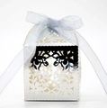 Laser cut hollow wedding candy box in silver mirror finish with light blue ribbon bow - Reflective Silver