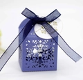Detail of navy blue laser-cut candy box with elegant ribbon and thank you tag - Sapphire Blue