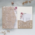 Detailed champagne gold laser-cut lace wedding invitation with floral insert card - Rose Gold