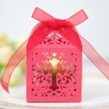 Laser-cut red wedding favor box with cross floral pattern and sheer ribbon bow - Pearlescent Red