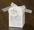 Detailed white laser-cut favor box with rose patterns, organza ribbon and gold thank you tag - White with Tag