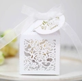 Close-up of white laser-cut rose candy box with silk ribbon and golden thank you tag - White (With Tag)