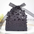 Elegant black laser cut floral favor box with matching organza ribbon bow for events - Black Khaki