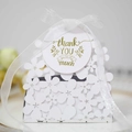 Elegant laser-cut floral wedding candy box in white with ribbon and thank you tag - White (With Tag)