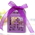 Purple laser-cut wedding favor box with cross design and large organza ribbon bow - Dark Purple