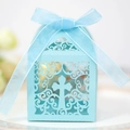 Laser cut light blue wedding favor box with cross design and satin ribbon bow - Tiffany Blue