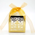Glossy gold laser-cut wedding favor box with a cross design and golden ribbon bow - Reflective Gold