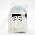 Elegant laser-cut wedding candy box with silver cross design and light blue ribbon bow - Reflective Silver