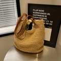 Sac fourre-tout au crochet café clair avec poignées en cuir et doublure interne - Kaki