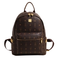 Fashion dark brown monogram backpack with cartoon rabbit patterns and gold rivet studs - Large / Brown