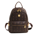 Deep brown faux leather fashion backpack with monogram pattern and gold zippers - M / Brown