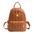 Brown leather backpack with diamond bunny print, gold studs, and metallic hardware - M / Brown