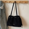 Minimalist black faux suede tote bag with golden eyelets and drawstring closure - Black