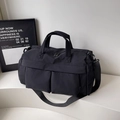 Black large capacity travel tote bag made of waterproof nylon with double front pockets - Black