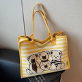 Striped canvas tote bag in yellow and white with 3D plush cartoon bear patches - Yellow