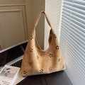 Brown laser-cut hollow floral tote bag made of soft suede for casual commuting use - Khaki