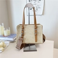 Sac fourre-tout en paille beige avec anses en cuir marron et bandoulière réglable - Marron
