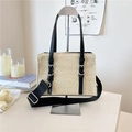 Sac cabas en paille beige avec anses en cuir noir et bandoulière large réglable - Noir