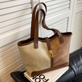 Sac fourre-tout rétro bicolore beige et marron avec boucle métallique et style élégant - Marron