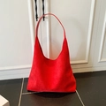 Vintage matte red hobo shoulder bag in a large capacity tote style with suede texture - Red