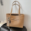 Light brown woven leather tote bag with unique charm and secure zipper closure - Khaki With Pendant