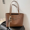 Brown woven tote bag with a chocolate-shaped charm and slim double shoulder straps - Brown with Pendant