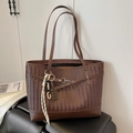 Dark brown woven tote bag with smooth leather edges and decorative charm accessories - Coffee with Pendant