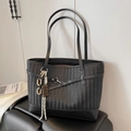 Black woven leather tote bag with stylish charms and durable dual shoulder straps - Black with Pendant