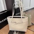 Chic cream woven tote bag with leather buckle detail and spacious interior for daily use - Off-white Without Pendant