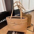 Fashion woven tote bag in camel brown with metal buckle and shoulder straps - Khaki No Pendant