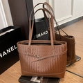 Brown woven tote bag for women featuring a spacious interior and stylish shoulder straps - Brown No Pendant