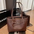 Brown woven leather tote bag with metallic buckle detail and dual shoulder straps - Coffee without Pendant