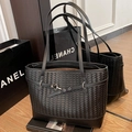 Fashionable black woven tote bag with dual long handles and elegant metal buckle detail - Black without Pendant