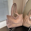 Pink corduroy tote bag with yellow embroidery and woven zipper pull detail - Pink