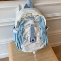 Lightweight cream and blue color-block backpack with pink elastic drawstring details - Small / Blue