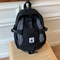 Casual black nylon school backpack with grey checkered trim and elastic cord detailing - Small / Black