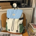 Zaino retrò in nylon patchwork con patta a fibbia e tasche laterali capienti - Blu Grande