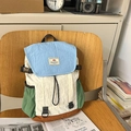 Minimalist nylon patchwork backpack in blue, white, and green with a buckle closure - Blue Small