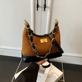 Vintage brown suede quilted chain underarm bag with gold lock and black leather trim - Brown